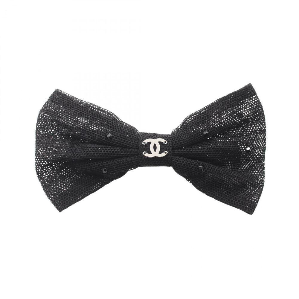 Chanel Coco Mark Ribbon Barrette Accessory, Fabric, Rhinestone, Women's, Black - Picture 1 of 5